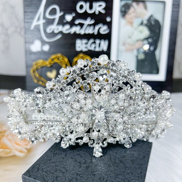 Bridal Pearl Tiara, Silver Rhinestone Crown, Wedding Headband, Birthday Gift main image 4